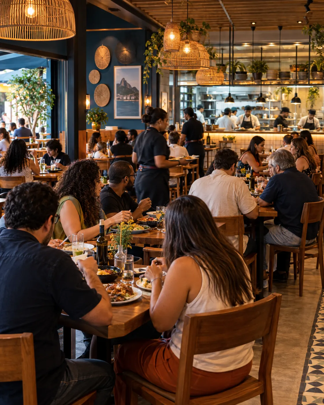 Restaurante local cheio, com clientes e equipe em atendimento